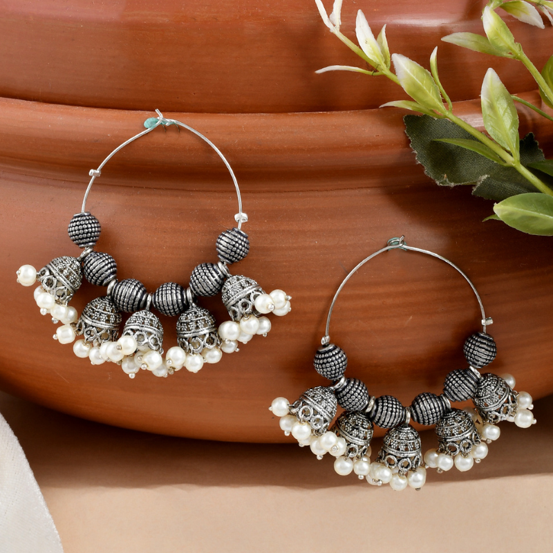 Silver-Plated Oxidised Beaded Hoops