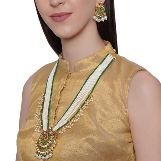 Green white Gold-Plated Kundan Studded Long Necklace