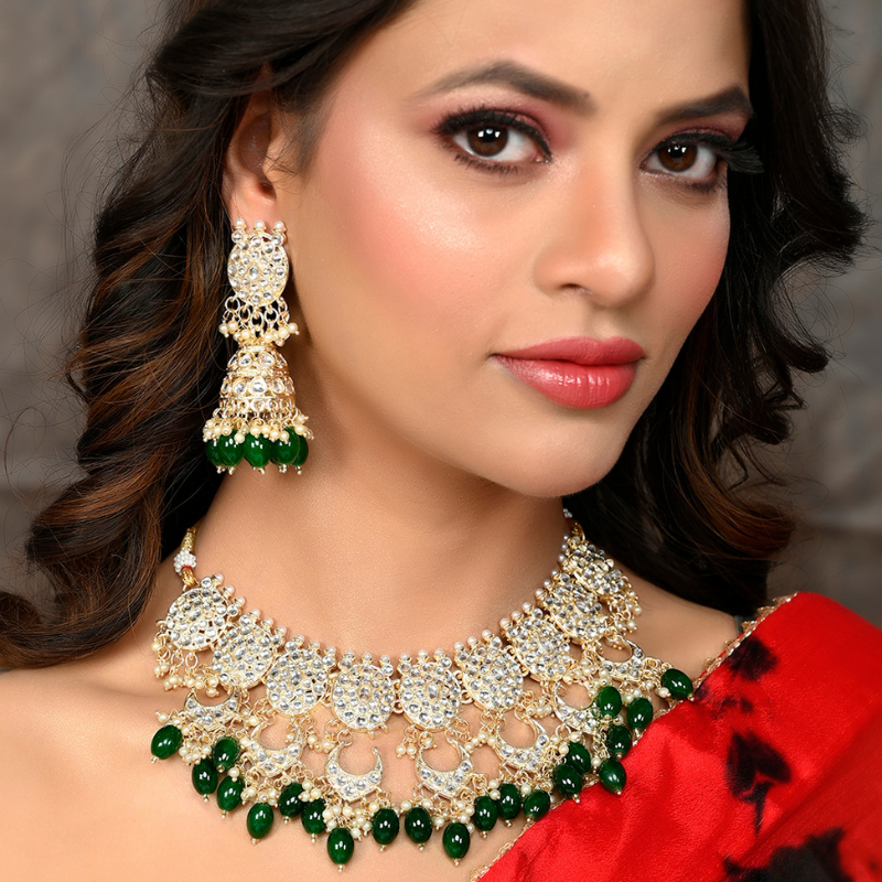 Gold-Plated Green Bridal Kundan Choker