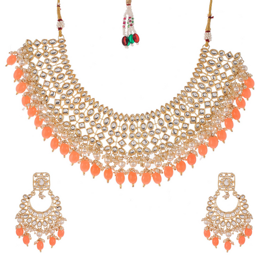 Gold-Plated Peach Bridal Kundan Short Necklace
