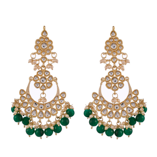 Gold-Plated Green Kundan Ethnic Drop Earrings