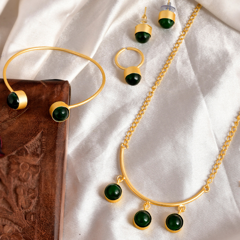 Set of 4 Gold-Plated Green Stone Studded Long Necklace