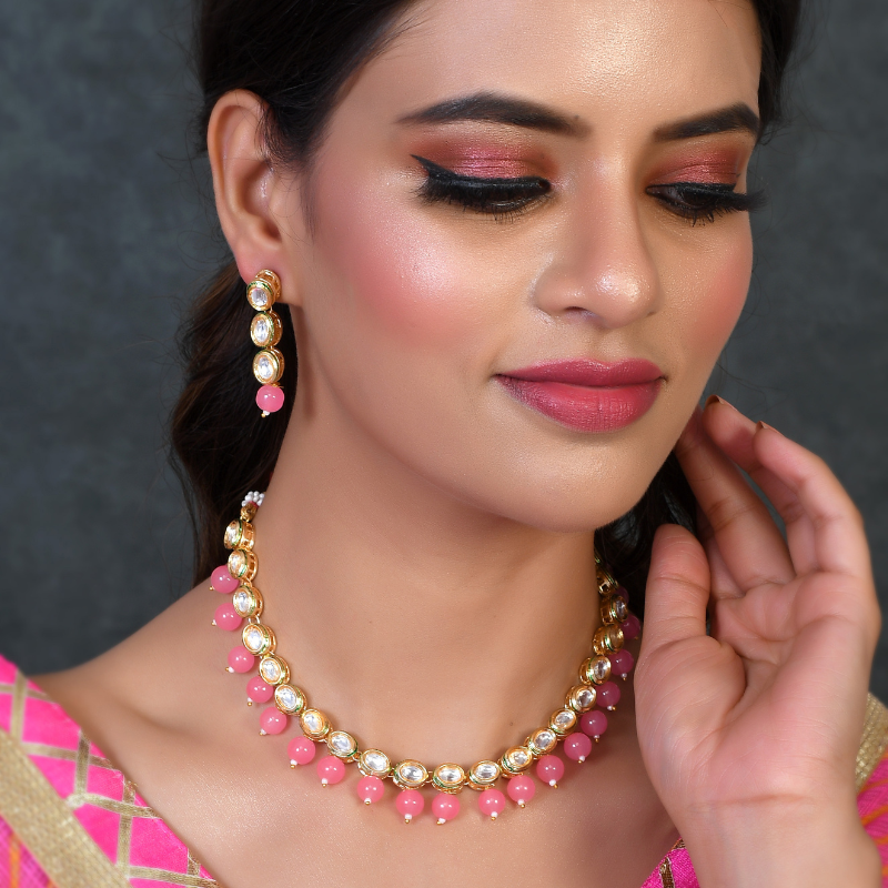 Gold-Plated Pink Kundan Short Necklace