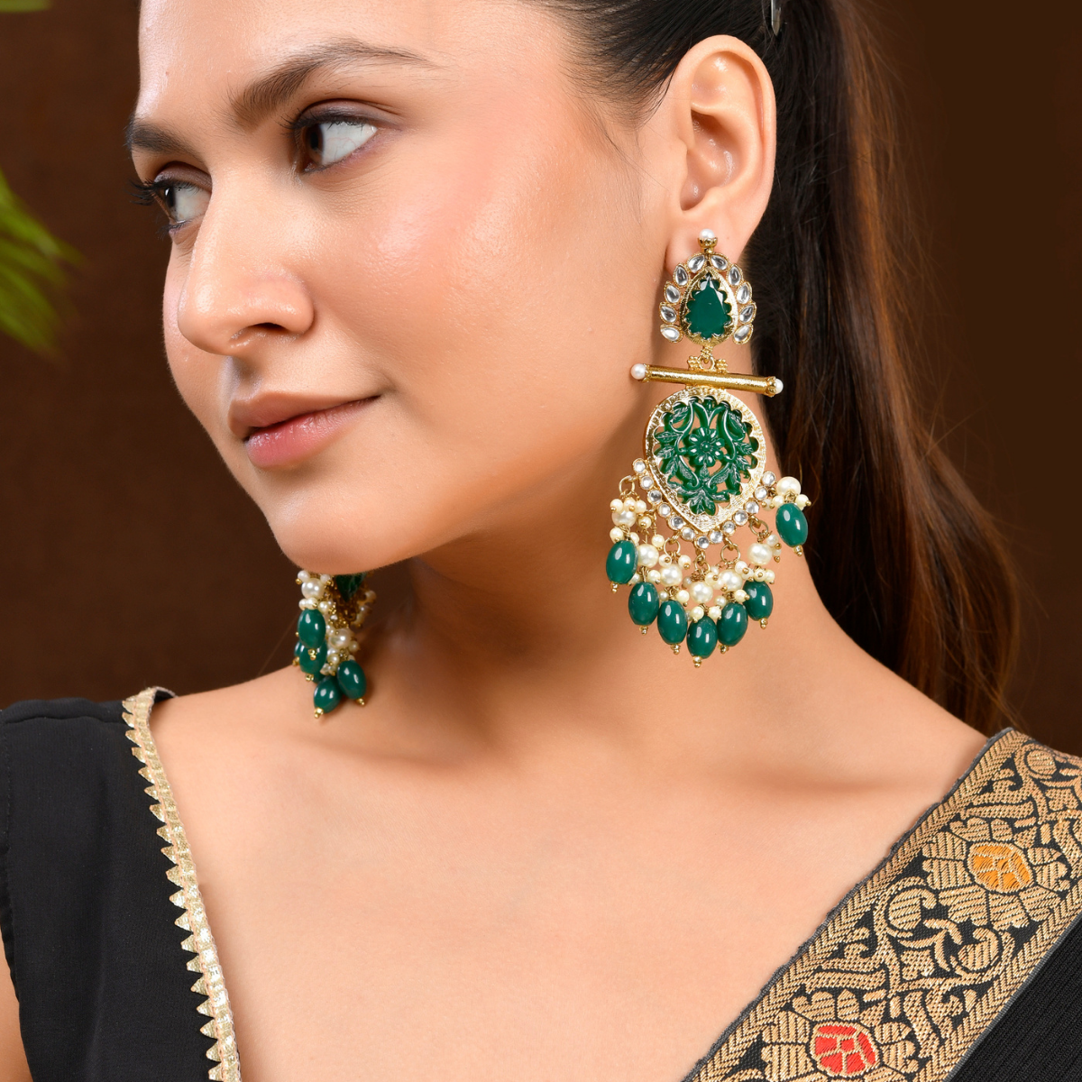 Shoshaa Gold-Plated Green Kundan & Beaded Stones Drop Earrings