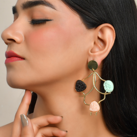 Gold-Plated Druzy Stone Quirky Drop Earrings