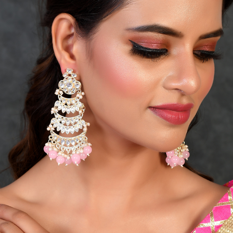 Gold-Plated Pink Kundan Ethnic Chandbali