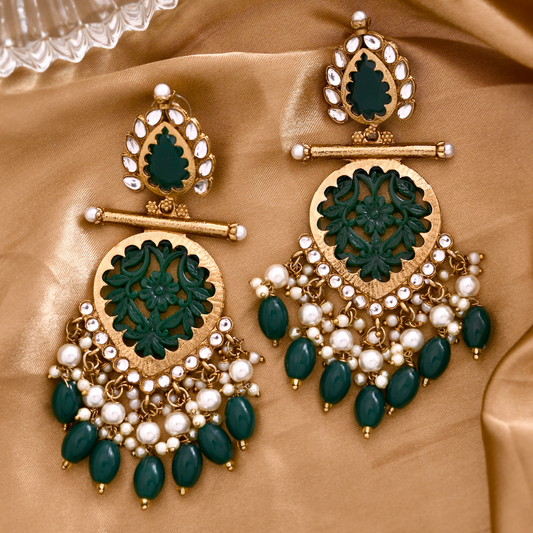 Shoshaa Gold-Plated Green Kundan & Beaded Stones Drop Earrings