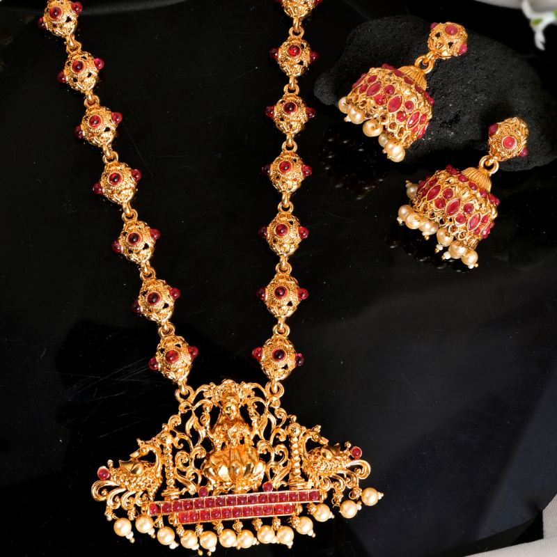 Gold Plated Red Stone Long Necklace