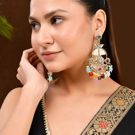 Shoshaa Gold-Plated Multicolored Kundan Stones Drop Earrings