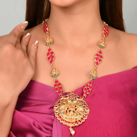 Gold Plated Magenta Pink Stone Long Necklace