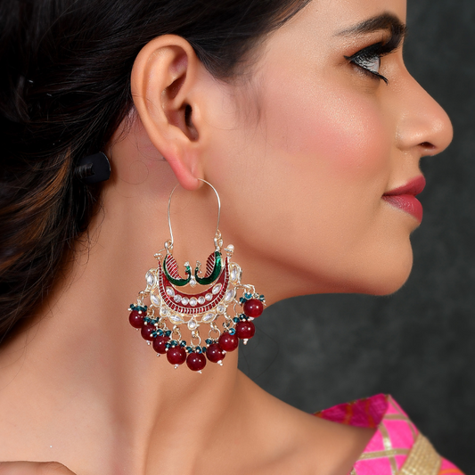 Gold-Plated Maroon Enamel Drop Earrings