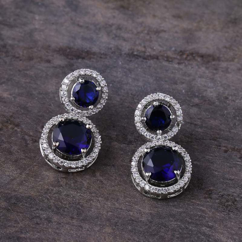 Blue Silver-Plated AD Drop Earrings