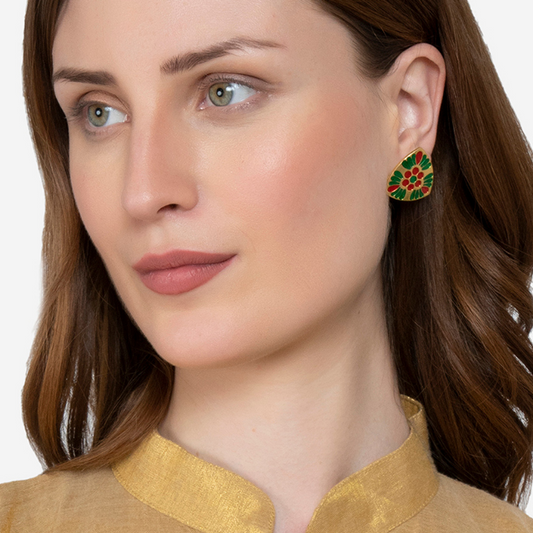 Green Gold-Toned Contemporary Studs