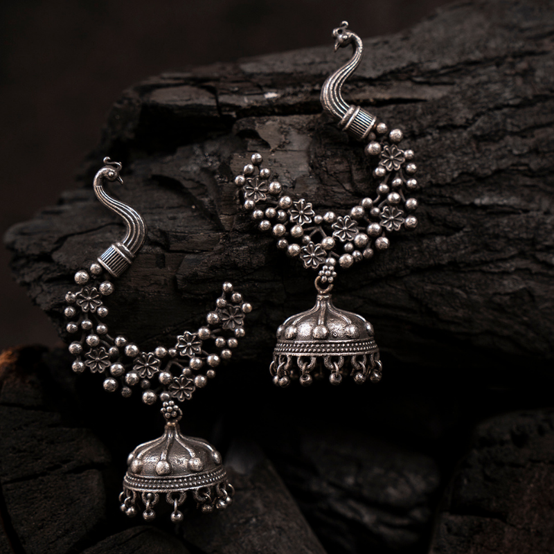 Silver-Toned Oxidised Peacock Shaped Drop Earrings