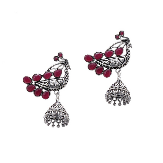 Silver-Plated Magenta Oxidised Peacock Shaped Jhumkas