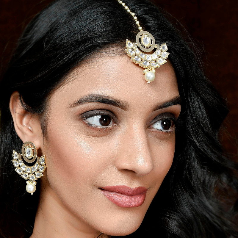 Gold-Plated Kundan Studded Earrings with Maangtika