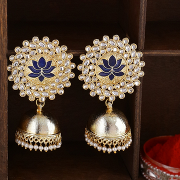 Gold-Plated Blue kundan-Studded Classic Jhumkas