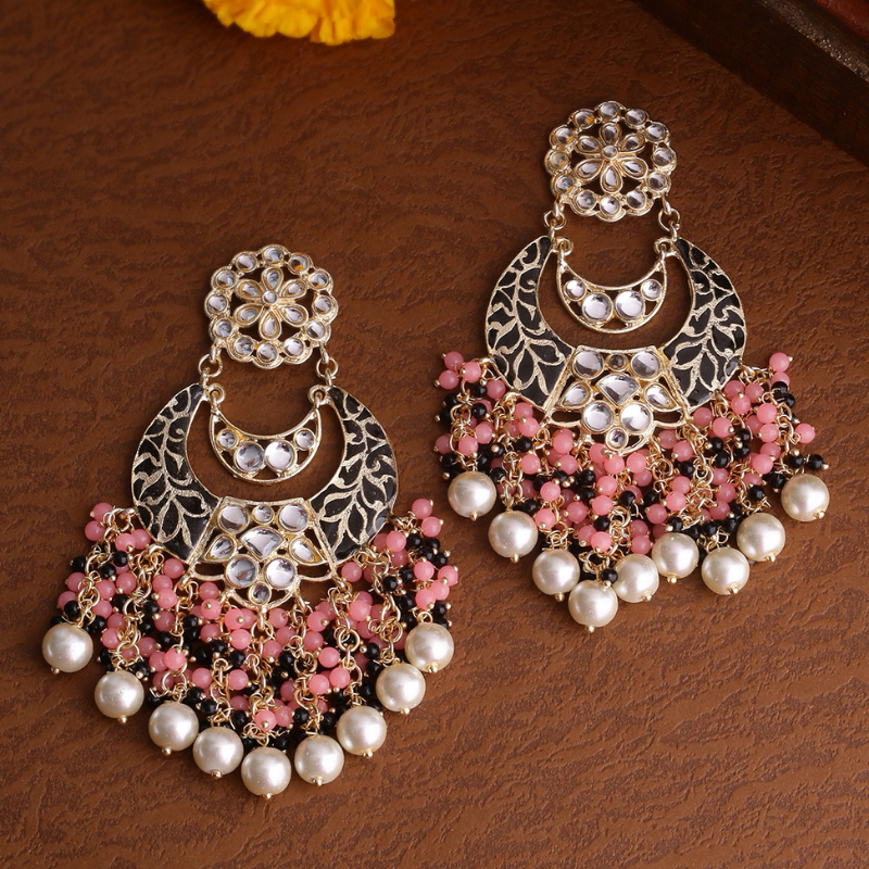 Black Pink Classic Gold-Plated Kundan Drop Earrings