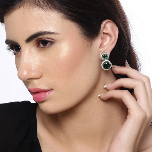 Green Silver-Plated AD Drop Earrings