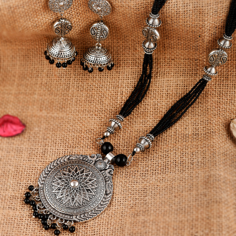 Silver-Plated Oxidised Long Necklace