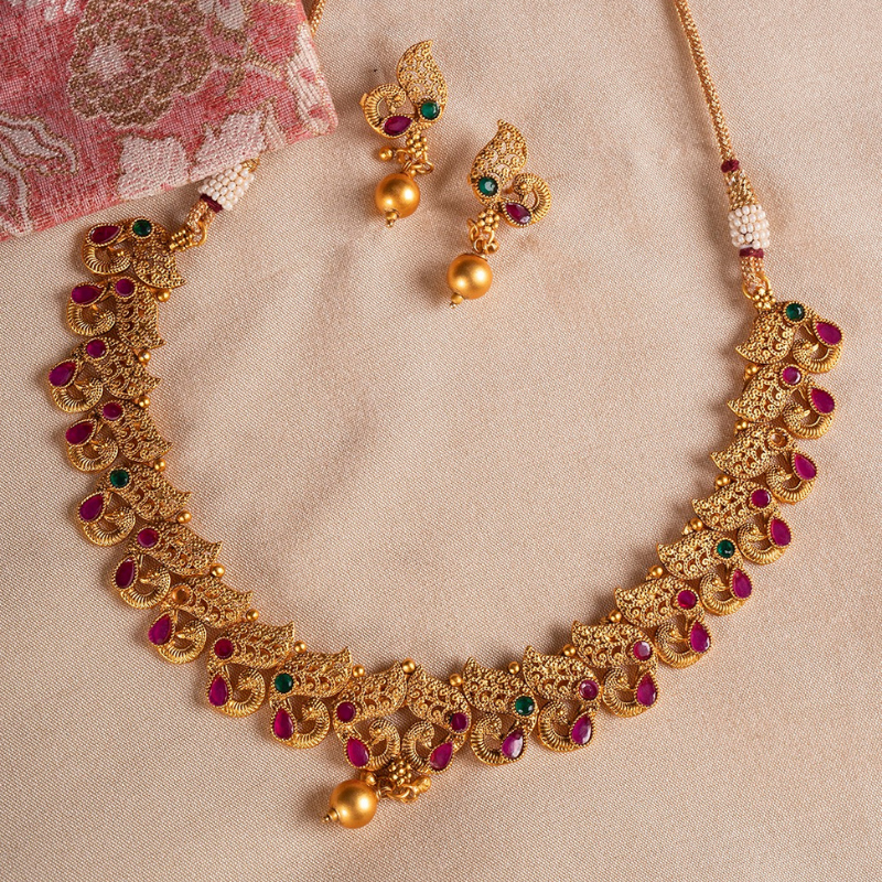 Gold-Plated Handcrafted Pink Green Temple Short Necklace