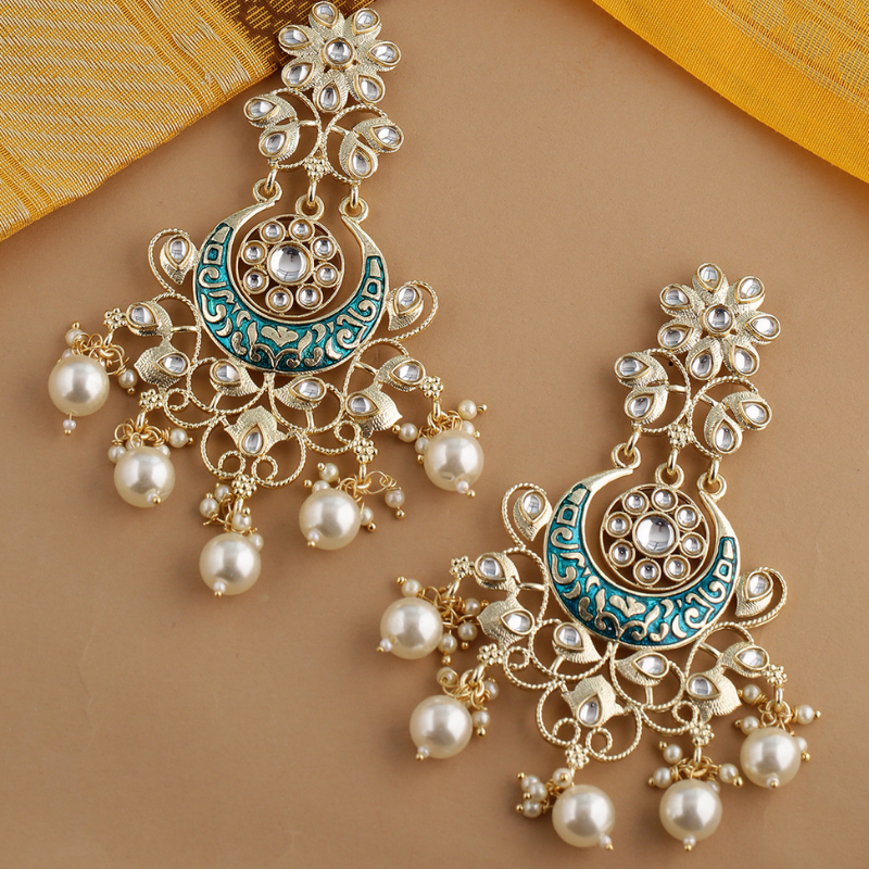 Gold-Plated Kundan Studded Drop Earrings