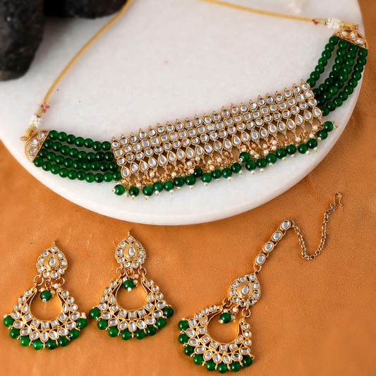 Gold-Plated Kundan Studded Green Choker