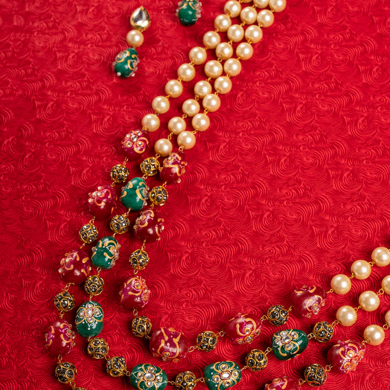 Gold-Plated Multi color Tanjore Stone-Studded Long Necklace