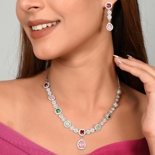 Silver-Toned Multicolor AD Diamond Short Necklace