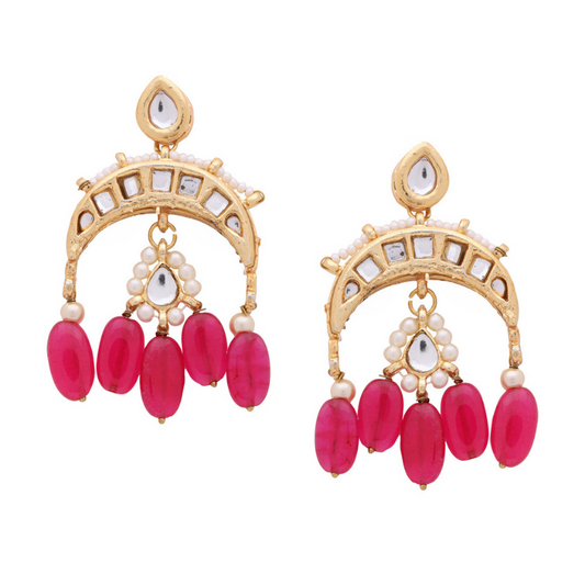 Maroon Gold-Plated Kundan Drop Earrings