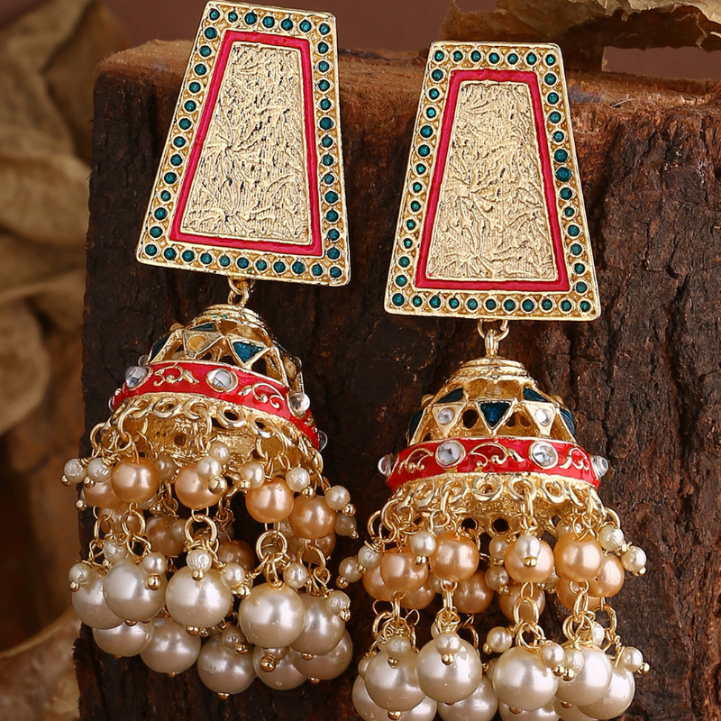 Gold-Plated Red Dome Shaped Jhumkas