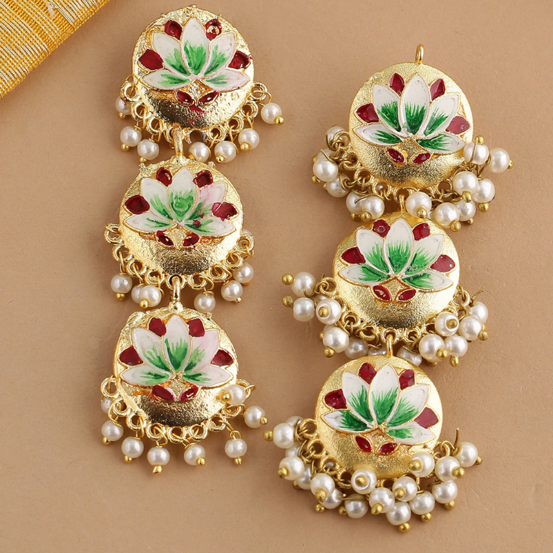 Gold-Plated Lotus Hand Painted Drop Earrings