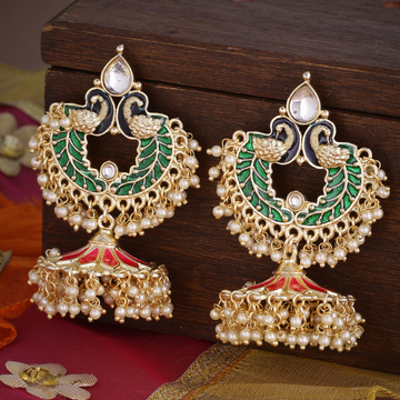 Gold-Plated pink green Enamel kundan Jhumkas