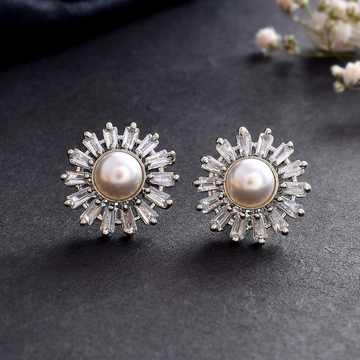 Silver Plated AD Diamond Pearl Contemporary Studs