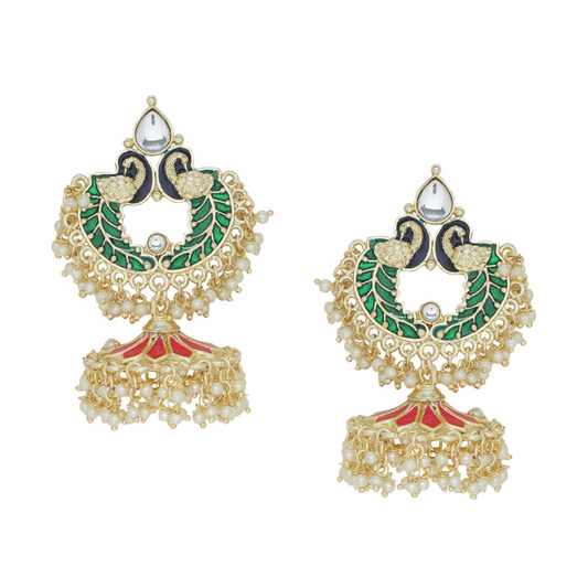 Gold-Plated pink green Enamel kundan Jhumkas