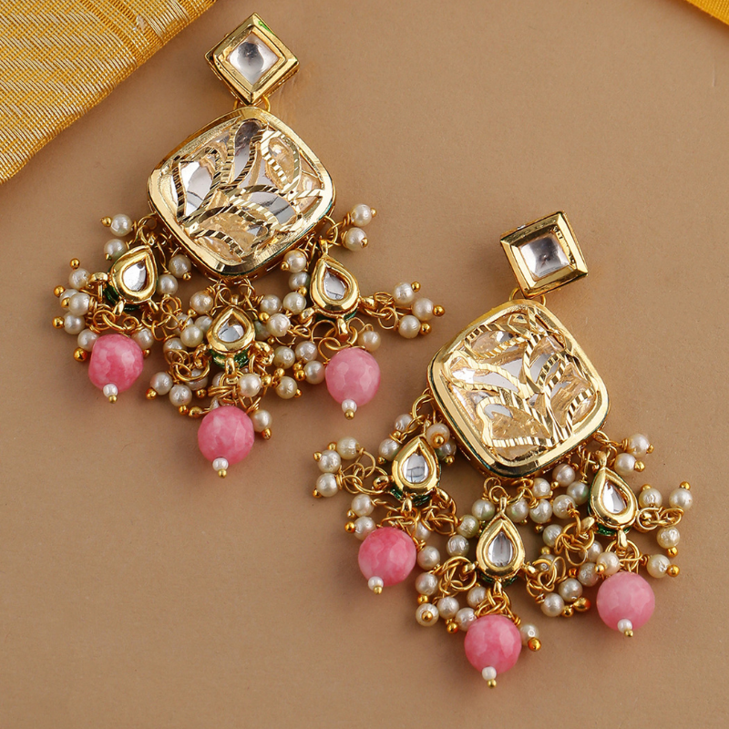 Pink Gold-Plated Kundan Classic Drop Earrings