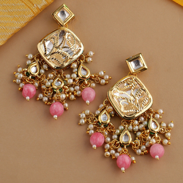 Pink Gold-Plated Kundan Classic Drop Earrings