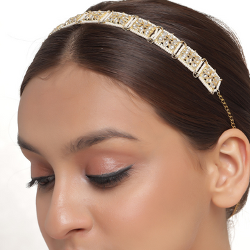 Gold-Plated Kundan Studded Beaded Hairband