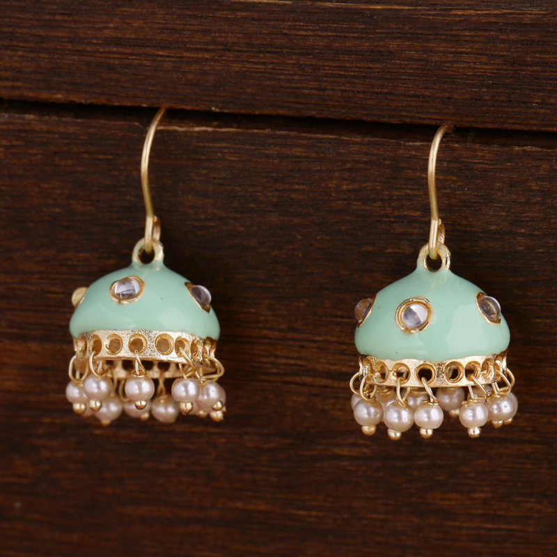 Sea green Gold Plated Beaded small Jhumkas