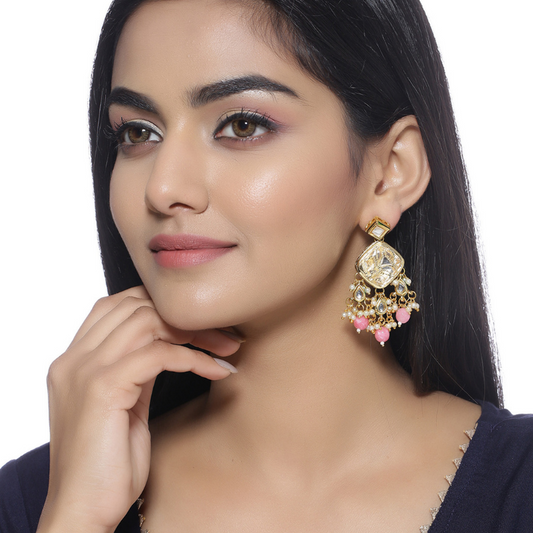 Pink Gold-Plated Kundan Classic Drop Earrings