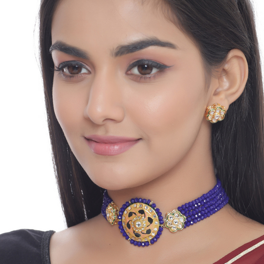 Blue Gold-Plated Kundan-Studded Enamel Choker