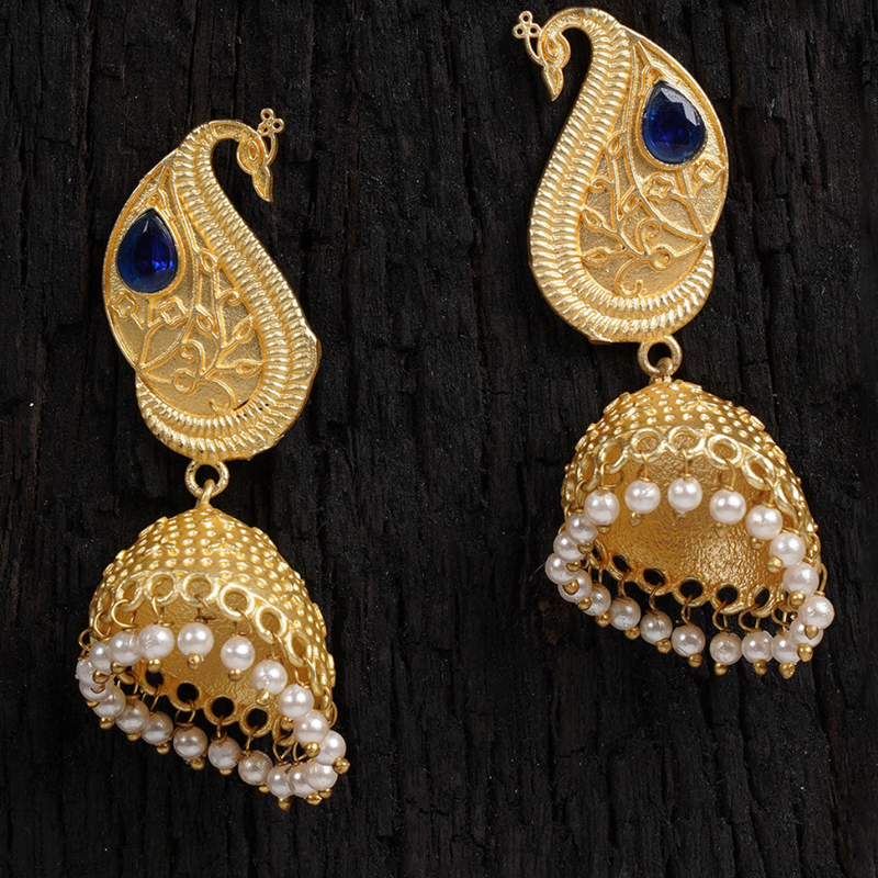 Gold-Toned  Blue Peacock Shaped Jhumkas