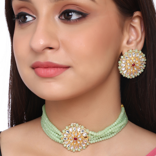 Gold-Plated Lime Green Kundan Studded Onyx Choker