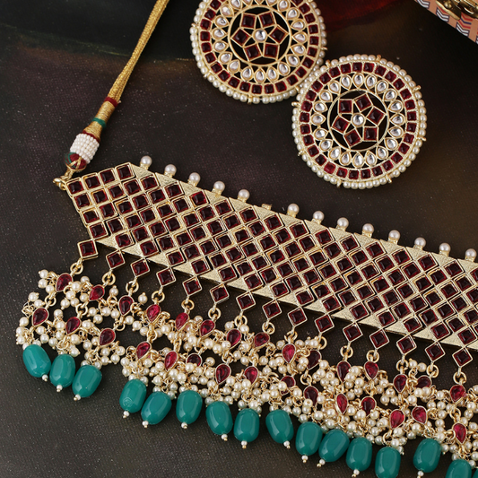 Gold-Plated Magenta Pink Bridal Kundan Studded Choker