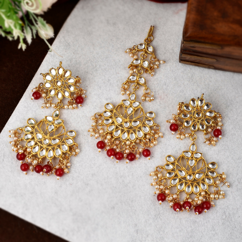 Gold-Plated Kundan Studded Red Earrings with Maangtika