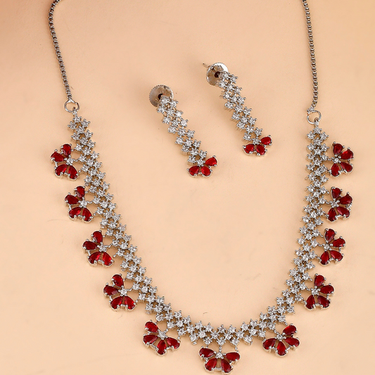 Red Silver Plated Diamond AD Cocktail Short Necklace