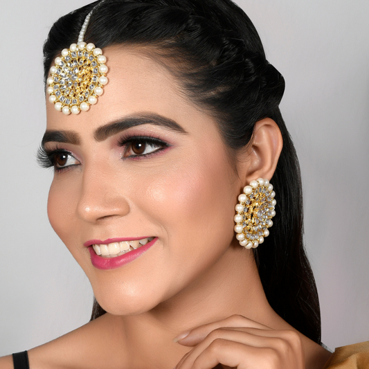 Gold-Plated Kundan Studded Pearl Earrings with Maangtika