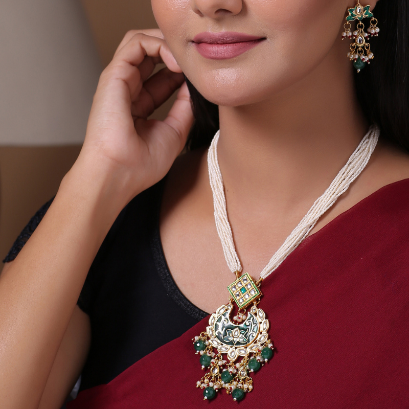 Gold-Plated Green Kundan Studded Long Necklace