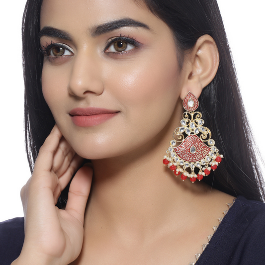 Red Gold-Plated Kundan Studded Drop Earrings