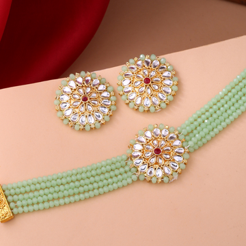 Gold-Plated Lime Green Kundan Studded Onyx Choker